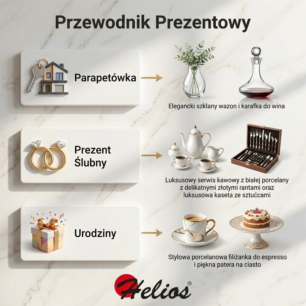 Modułowa infografika Helios przedstawiająca przewodnik prezentowy: pomysły na parapetówkę, prezent ślubny i urodziny z wykorzystaniem porcelany oraz szkła.