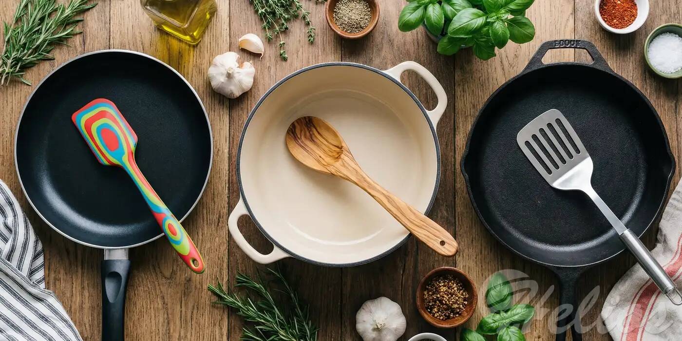 Zestawienie bezpiecznych akcesoriów kuchennych z drewna, silikonu i stali na blacie.