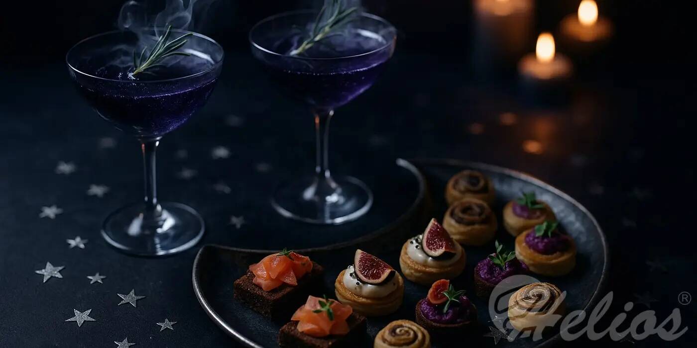 Nastrojowe ujęcie andrzejkowych przekąsek: dwa kieliszki koktajlowe z fioletowym, dymiącym 