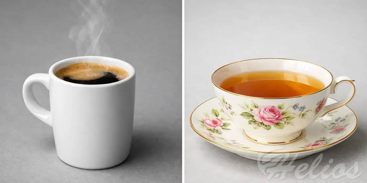 Porównanie grubej filiżanki do espresso z grubymi ściankami oraz delikatnej, szerokiej filiżanki do herbaty z porcelany kostnej