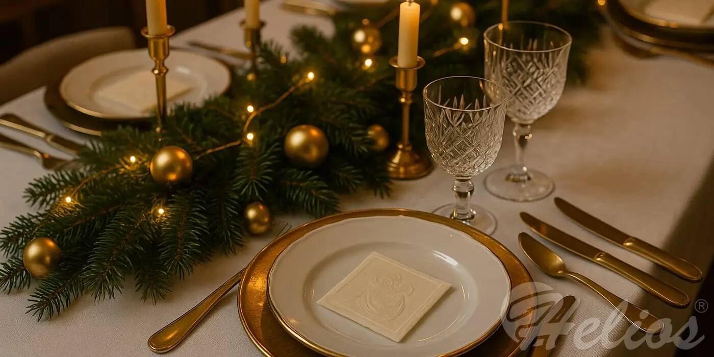 Tradycyjna aranżacja stołu wigilijnego: biały obrus, opłatek na talerzu, złote sztućce oraz stroik z zielonej girlandy i świec