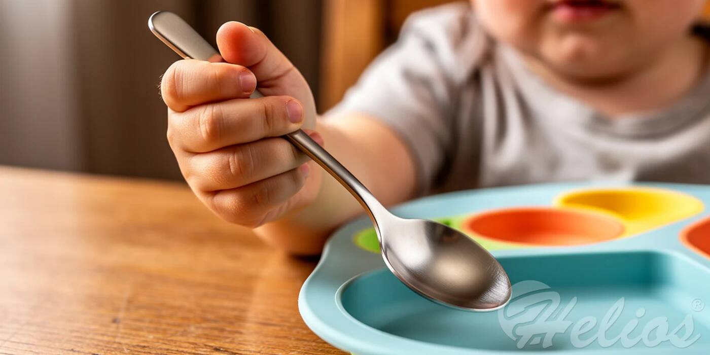 Małe dziecko podczas nauki samodzielnego jedzenia, trzymające w rączce bezpieczną łyżeczkę