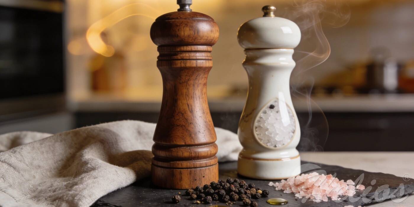 Zestaw młynków kuchennych: brązowy młynek drewniany do pieprzu i biały młynek ceramiczny z solą himalajską na kamiennej podstawce