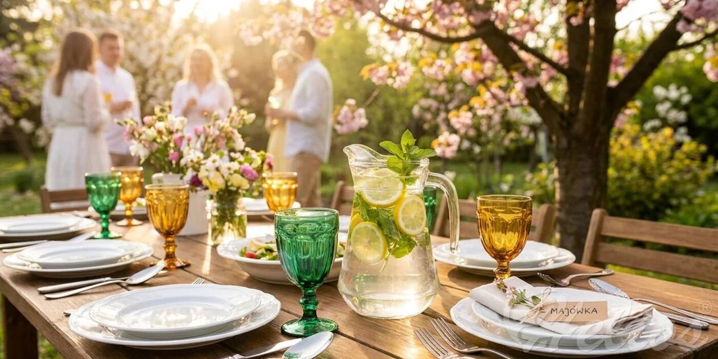 Eleganckie nakrycie stołu w ogrodzie: biała porcelana, kolorowe szklanki i szklany dzbanek z lemoniadą na drewnianym stole