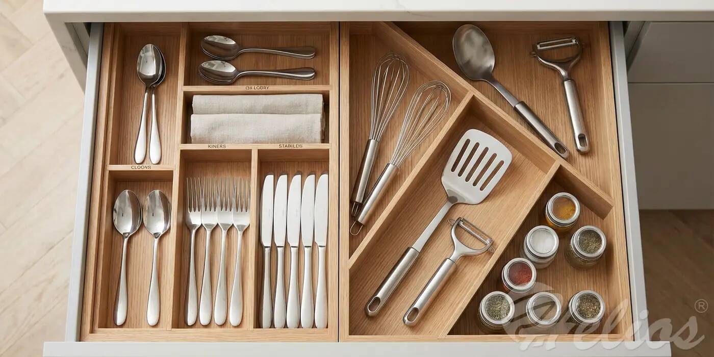 Nowoczesna organizacja szuflady ze sztućcami i akcesoriami przy użyciu wertykalnych organizerów, ułatwiająca dostęp do przyborów kuchennych.