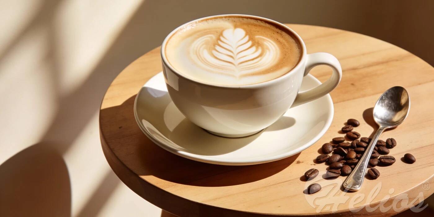 Biała filiżanka do kawy z szerokim rantem i wzorem latte art na drewnianym stoliku