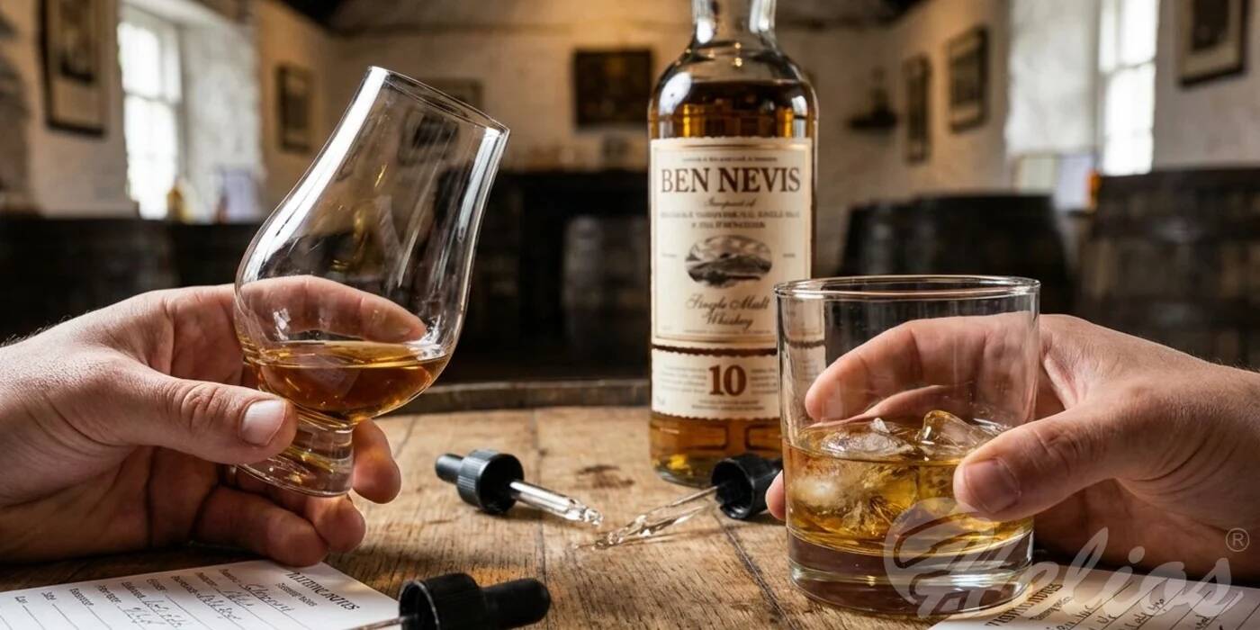 Porównanie profesjonalnego kieliszka Glencairn z szeroką szklanką typu tumbler podczas degustacji whisky typu single malt.