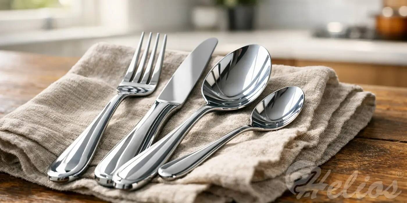 Lśniący, wypolerowany zestaw sztućców ze stali nierdzewnej wolny od rdzy i zacieków, ułożony na lnianej ściereczce.