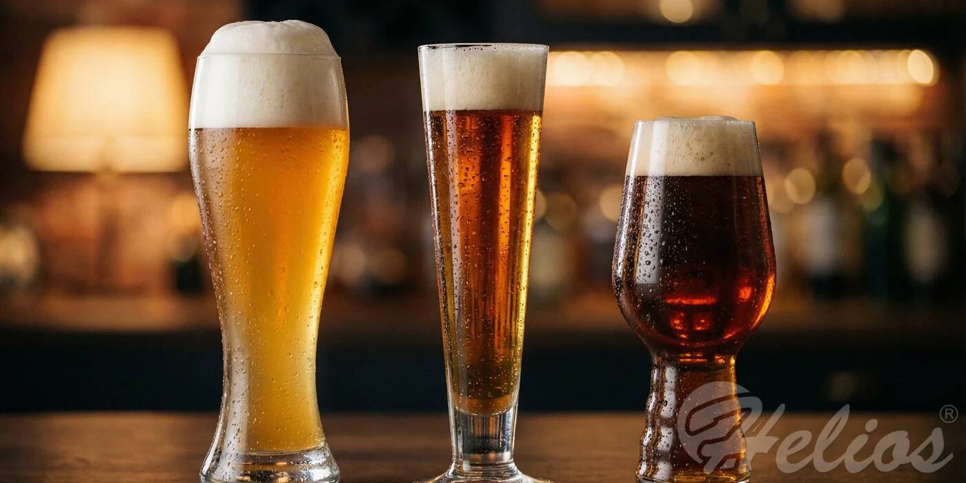 Zestaw różnych szklanek do piwa rzemieślniczego: wysoka szklanka do piwa pszenicznego, pokal do pilsa i szklanka do IPA na ciemnym tle