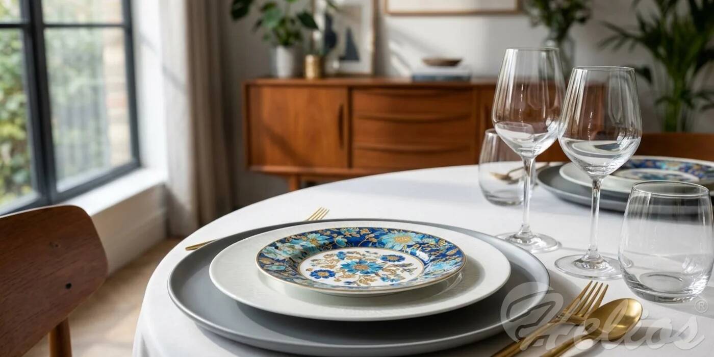 Eklektyczna aranżacja stołu: stos talerzy w różne wzory i kolory w stylu Mix & Match, złote sztućce i bukiet kwiatów na drewnianym stole.