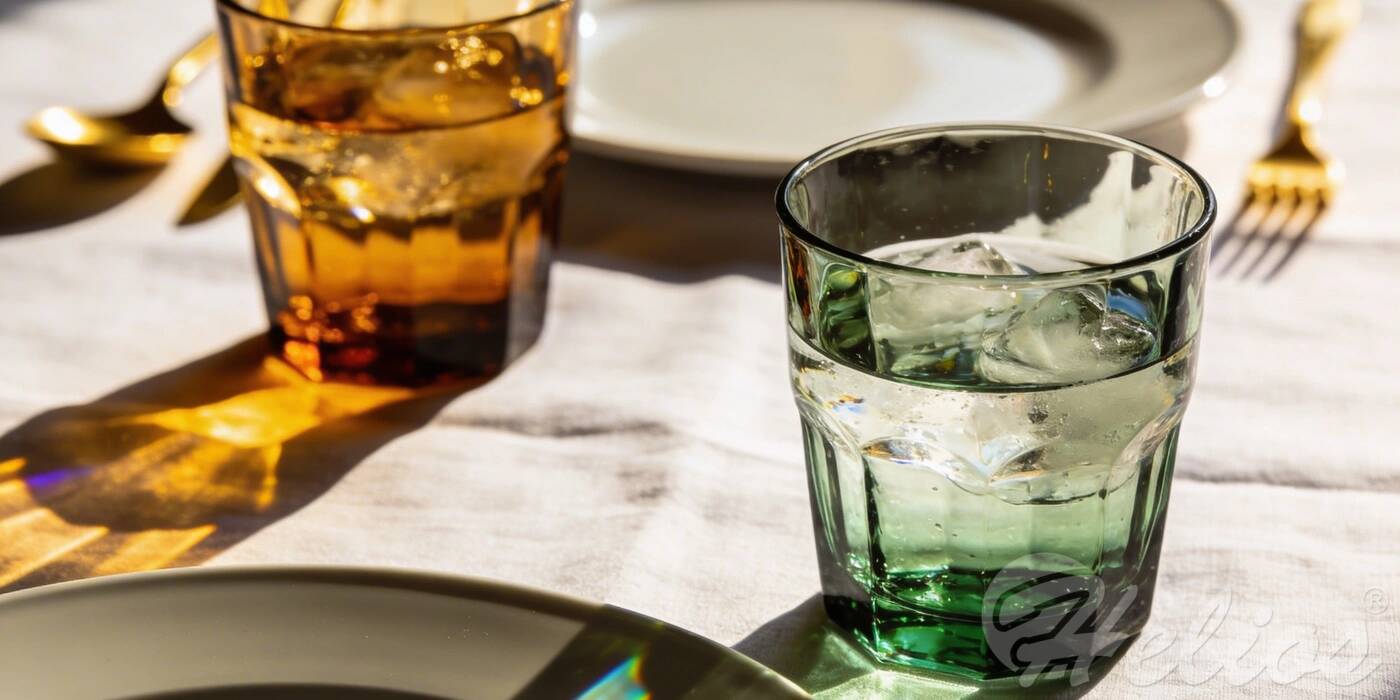 Estetyczne nakrycie stołu: bursztynowa i zielona szklanka z lodem, białe talerze i złote sztućce w słońcu tworzącym barwne refleksy na lnianym obrusie