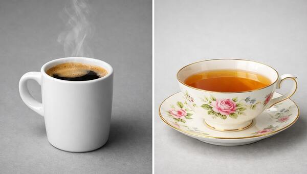 Porównanie grubej filiżanki do espresso z grubymi ściankami oraz delikatnej, szerokiej filiżanki do herbaty z porcelany kostnej