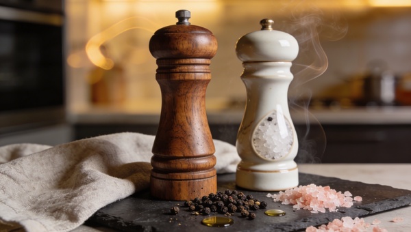 Zestaw młynków kuchennych: brązowy młynek drewniany do pieprzu i biały młynek ceramiczny z solą himalajską na kamiennej podstawce