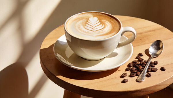 Biała filiżanka do kawy z szerokim rantem i wzorem latte art na drewnianym stoliku
