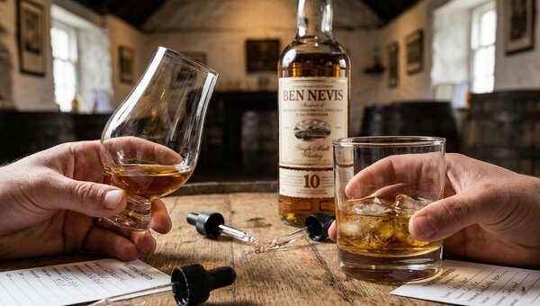 Porównanie profesjonalnego kieliszka Glencairn z szeroką szklanką typu tumbler podczas degustacji whisky typu single malt.