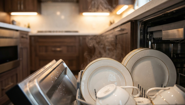 Zbliżenie na eleganckie talerze porcelanowe ze złotymi paskami umieszczone w koszu zmywarki, z widocznymi kroplami wody i parą.