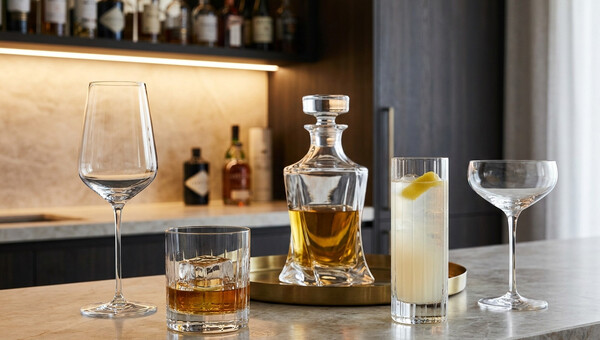 Elegancki barek domowy w stylu nowoczesnym: zestaw kieliszków do wina, szklanek do whisky i karafka na tacy