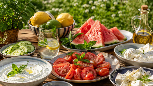 Letni stół z orzeźwiającymi przekąskami na upalne dni: sałatka z pomidorów, arbuz, ser feta, dip jogurtowy, ogórki, cytryny i woda z miętą w ogrodzie.