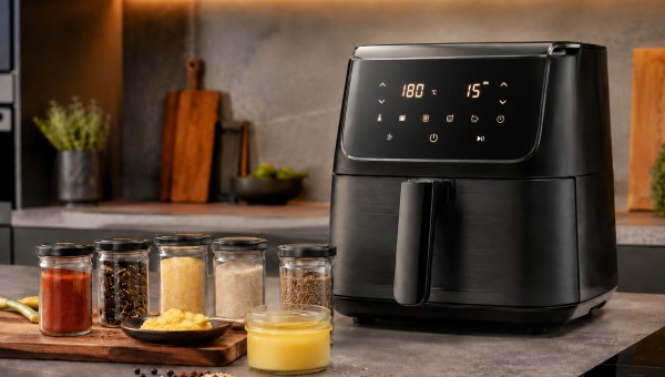Nowoczesna frytkownica beztłuszczowa Air Fryer, otoczona słoiczkami z przyprawami na kuchennym blacie