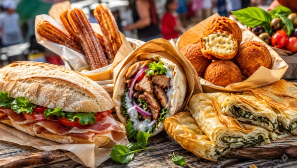 Różnorodne dania kuchni świata na drewnianym stole: kanapka z szynką, pita z grillowanym mięsem, smażone kulki, chrupiące churros oraz wypieki ze szpinakiem.