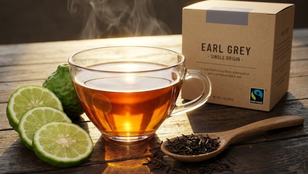 Parująca szklanka herbaty Earl Grey obok opakowania z oznaczeniem Fairtrade, plasterków bergamotki i suszonych liści, ilustrująca oznaczenia na opakowaniach