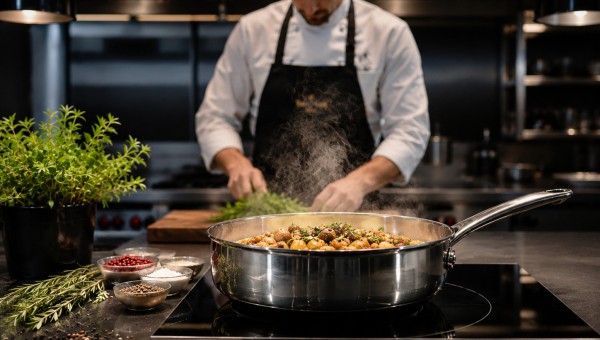 Szef kuchni w białym kitlu i czarnym fartuchu przygotowuje danie na patelni parującej na płycie indukcyjnej, obok świeże zioła i przyprawy na blacie.