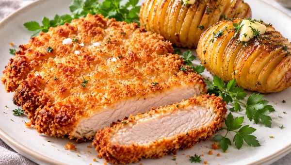Złocisty kotlet schabowy w chrupiącej panierce z dwoma pieczonymi ziemniakami typu hasselback z masłem i świeżą natką pietruszki na jasnym talerzu.