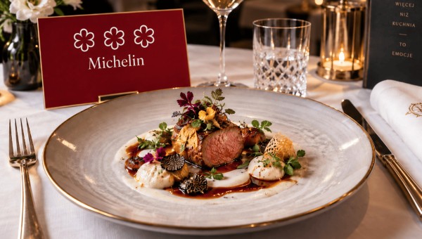 Elegancko podany stek z truflami na talerzu w restauracji z trzema gwiazdkami Michelin. Obok stoi kieliszek wina, a na karcie widnieje napis: Więcej niż