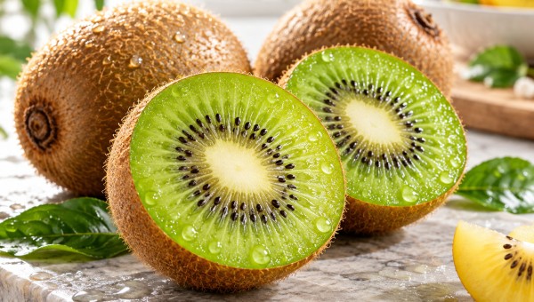 Świeże owoce kiwi, w tym dwa przekrojone na pół, z widocznymi kroplami wody na soczystym miąższu i czarnymi pestkami, ułożone na marmurowym blacie.