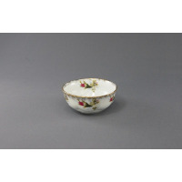 Okrągła salaterka Chodzież Iwona B013 o średnicy 8 cm z białej porcelany, ozdobiona delikatnym motywem różanych pąków i złotym, przecieranym rantem na krawędzi.