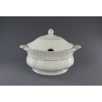 Biała porcelanowa waza Chodzież Iwona B014 o pojemności 2,5 l z delikatnym żłobkowaniem, zdobiona elegancką złotą linią, widoczna z profilu na szarym tle.