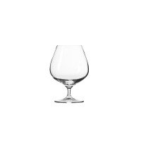 Pękaty kieliszek do koniaku Harmony marki Krosno Glass o pojemności 550 ml. Wykonany z przejrzystego szkła, osadzony na krótkiej nóżce, widok z przodu.