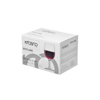 Kartonowe opakowanie zestawu 6 kieliszków do wina czerwonego Krosno Epicure o pojemności 250 ml. Białe pudełko z logo marki i grafiką szklanego kieliszka z