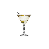 Elegancki kieliszek do martini Krista marki Krosno Glass o pojemności 280 ml z przejrzystego szkła, wypełniony drinkiem z oliwką na ozdobnej wykałaczce.