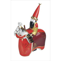 Figurka porcelanowa Lajkonik 0060 marki Ćmielów. Ręcznie malowana postać jeźdźca w czerwonej czapce z półksiężycem na koniu, zdobiona złotymi ornamentami