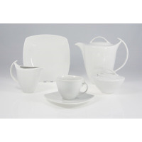 Biały garnitur do kawy Chodzież Akcent dla 12 osób. Zestaw 39 części z porcelany o nowoczesnym, minimalistycznym designie, obejmujący dzbanek, cukiernicę i