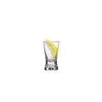 Kieliszek do wódki X-Line marki Krosno Glass o pojemności 25 ml wypełniony przezroczystym alkoholem z zanurzoną cząstką cytryny, widoczny na białym tle.