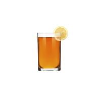 Szklanka do herbaty 250 ml Basic od Krosno Glass S.A. wypełniona bursztynowym naparem z plasterkiem cytryny na krawędzi, ukazana na czystym, białym tle.
