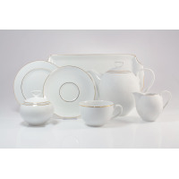 Elegancki zestaw kawowy Chodzież 3604 YVONNE dla 12 osób. Biała porcelana ze złotym zdobieniem na rantach: dzbanek, cukiernica, filiżanka, spodek i taca.