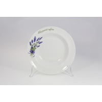 Talerz głęboki 24 cm Roma marki Lubiana z serii 5979 Lawenda. Białe naczynie z porcelany ozdobione motywem bukietu lawendy i zielonym napisem Lavandula Spica.
