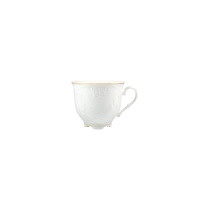 Biała porcelanowa filiżanka Ćmielów 0,25 l z serii 3604 ROCOCO. Naczynie o klasycznym kształcie z delikatnym tłoczonym wzorem, wykończone subtelnym złotym