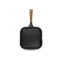 Kwadratowa patelnia grillowa Gerlach NATUR 28 cm z żebrowanym dnem, czarną powłoką nieprzywierającą i ergonomiczną rączką o wyglądzie drewna z logo marki