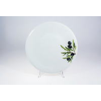 Biały talerz do pizzy Lubiana Barilla o średnicy 30,5 cm. Okrągłe naczynie z gładkiej porcelany ozdobione po prawej stronie subtelnym motywem gałązek z