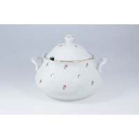 Biała porcelanowa waza Lubiana JASTRA o pojemności 2,70 l z pokrywką. Naczynie zdobione delikatnym motywem drobnych różowych i niebieskich kwiatków oraz złotym