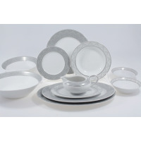 Serwis obiadowy Chodzież G621 YVONNE dla 12 osób. Biała porcelana z eleganckim, szarym ornamentem na brzegach. Zestaw 44 części, w tym talerze i sosjerka.