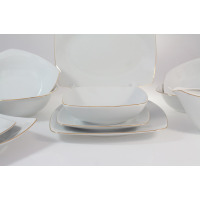 Elegancki serwis obiadowy Chodzież 3603 Akcent Złota linia. Zestaw 44 części z białej porcelany o kwadratowych kształtach, zdobiony subtelną złotą linią na
