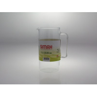 Przezroczysty dzbanek żaroodporny Simax Cylinder o pojemności 1 l z wygodnym uchwytem. Na szkle widoczna etykieta z logo marki, napisem 1l / 33.80 oz i kodem