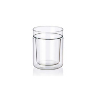 Przezroczysta szklanka z podwójną ścianką Simax TWIN o pojemności 200 ml. Minimalistyczny design z żaroodpornego szkła, widok z przodu na tle odbicia.