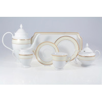 Porcelanowy zestaw kawowy Ćmielów Helios E940 Astra dla 12 osób. Biała zastawa ze złotym zdobieniem, obejmująca dzbanek, cukiernicę, mlecznik, filiżankę i