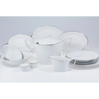 Zestaw kawowy Ćmielów HAPPA Platyna na 12 osób. Biała porcelana z subtelnym srebrnym wykończeniem, obejmująca wazę, sosjerkę, talerze i miseczki w eleganckim